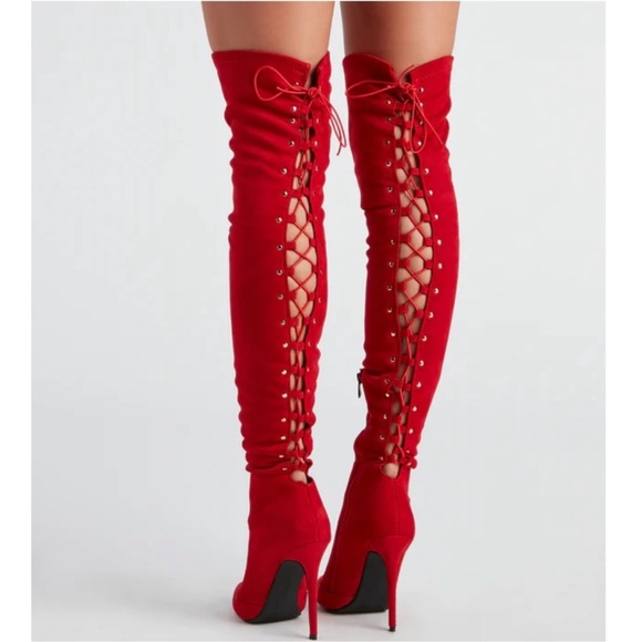 Red High Heel Open Back Corset Lace Up Thigh High Boots - Picture 3 of 13